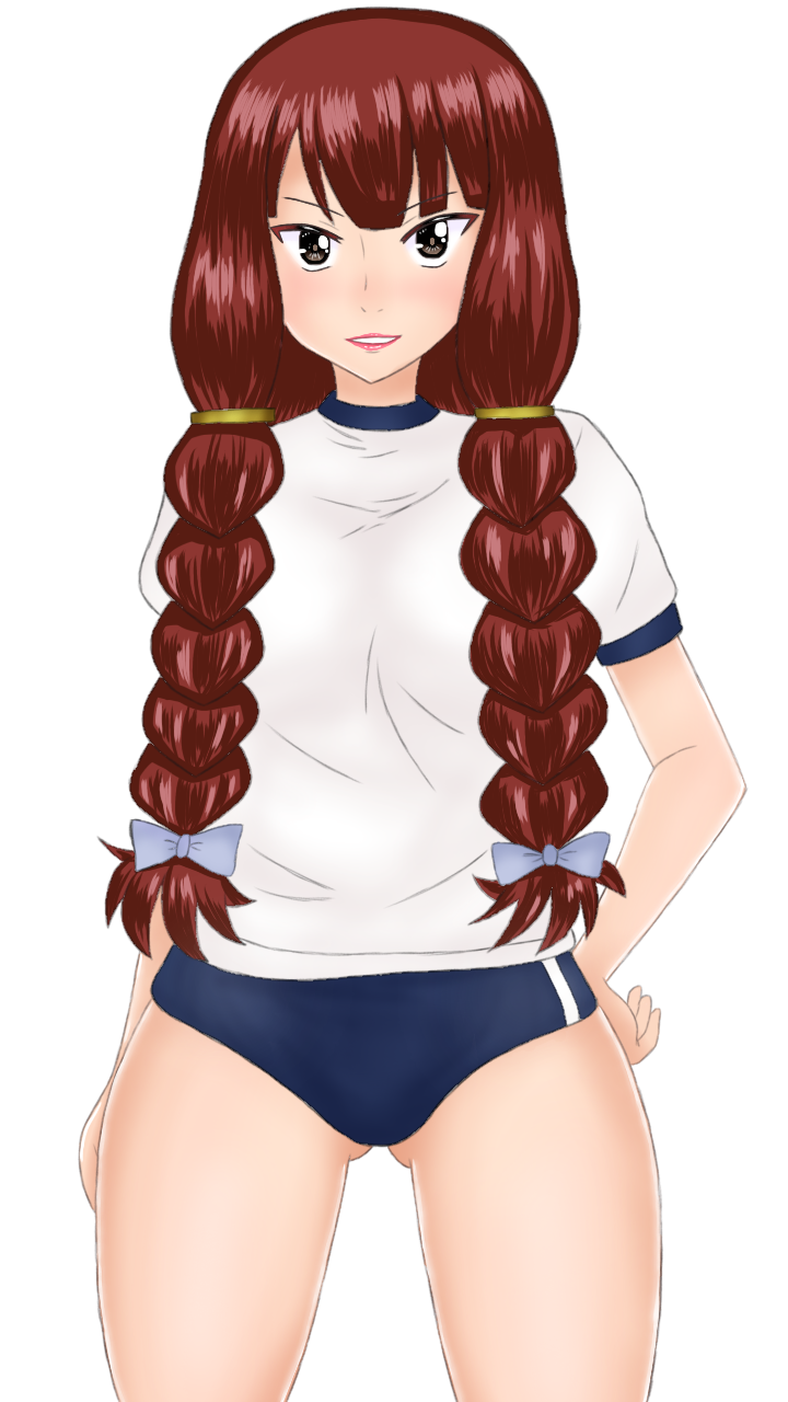 1girl black_eyes blue_bow blue_buruma blush bow braid buruma fairy_tail grin gym_uniform hair_bow hand_on_own_hip irene_belserion long_hair red_hair shibusawa_taka shirt short_sleeves smile teeth twin_braids underwear white_background white_shirt