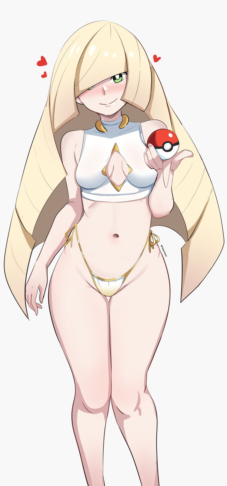 1girl bikini blonde_hair blush breasts creatures_(company) game_freak green_eyes hair_over_one_eye heart highres long_hair looking_at_viewer lusamine_(pokemon) mature_female navel nintendo pabsmikan poke_ball pokemon pokemon_sm side-tie_bikini_bottom simple_background small_breasts smile solo swimsuit thighs white_background