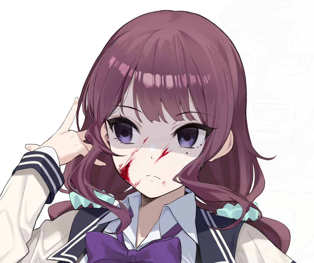 1girl blazer blood blood_on_face blue_jacket bow bowtie brown_hair cevio collared_shirt frown jacket long_hair low_twintails mole mole_under_eye natsuki_karin purple_bow purple_bowtie purple_eyes shaded_face shirt simple_background solo synthesizer_v twintails upper_body white_background white_shirt yappen