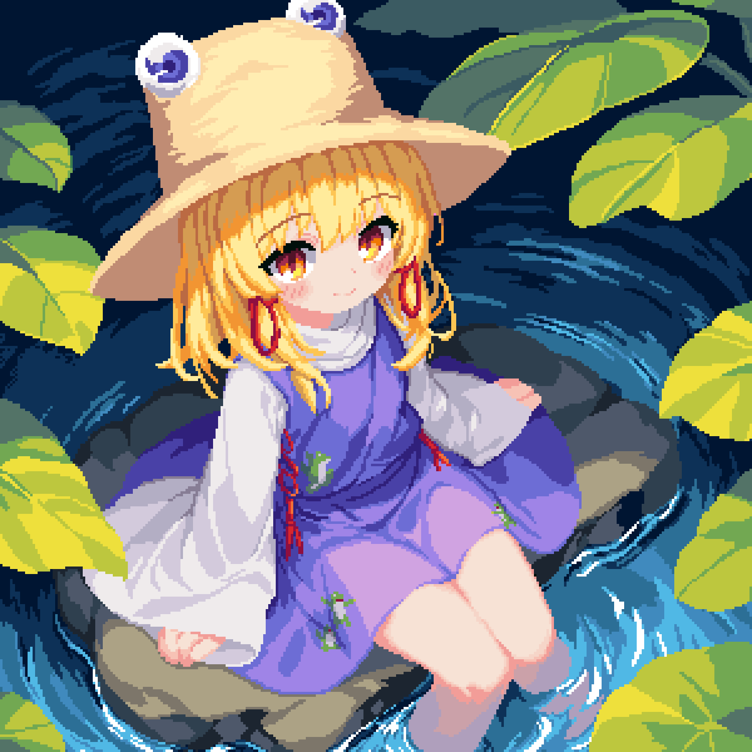 1girl 999_(hansode) animal_print blonde_hair blush_stickers brown_hat commentary frog_print hair_ribbon hat highres leaf long_sleeves looking_at_viewer medium_hair moriya_suwako on_rock pixel_art purple_skirt purple_vest red_ribbon ribbon rock shirt sitting skirt smile soaking_feet solo touhou tress_ribbon vest water white_shirt wide_sleeves yellow_eyes