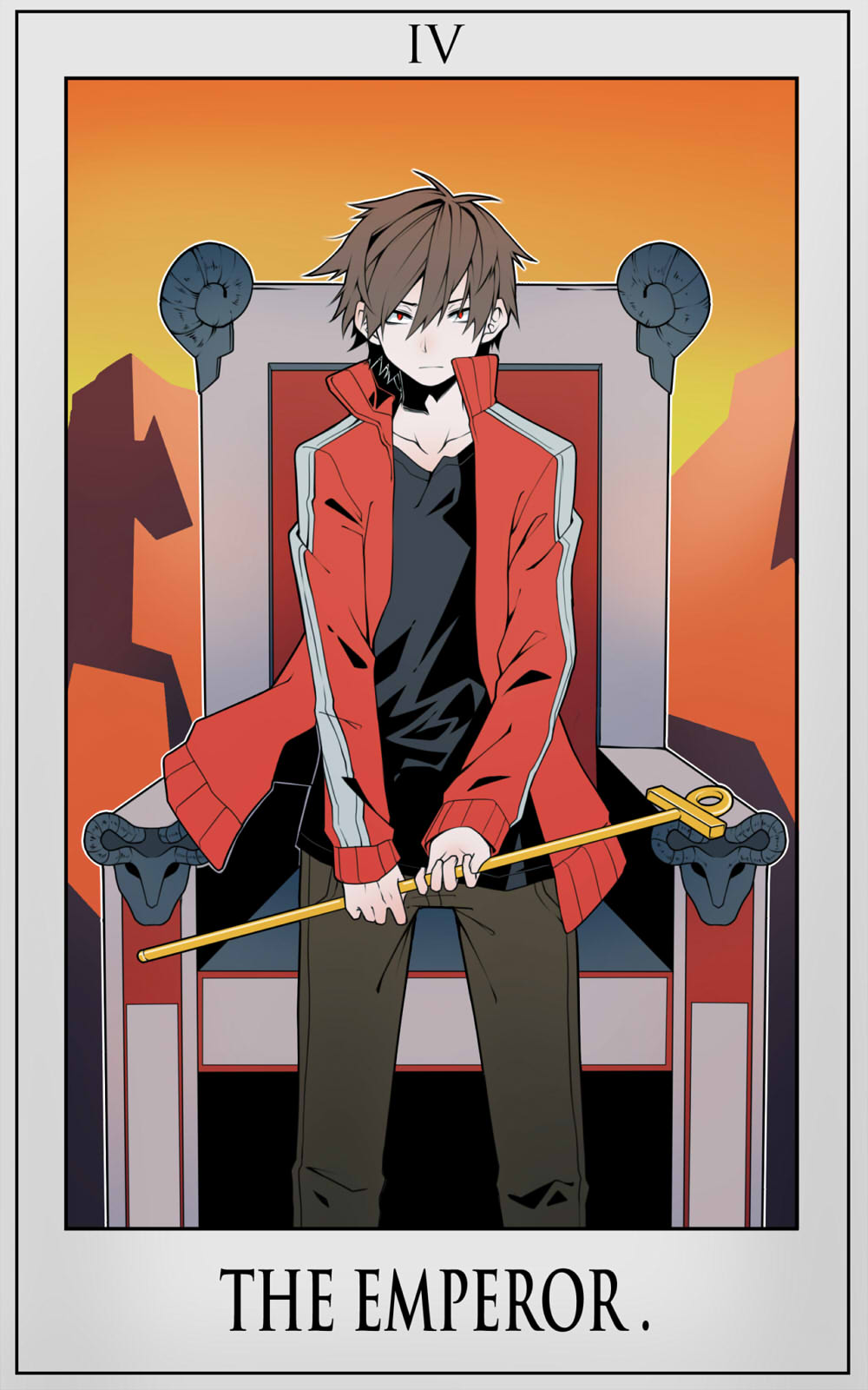 1boy brown_hair card_(medium) collarbone collared_jacket commentary english_text highres horns jacket kagerou_project kisaragi_shintarou male_focus mazumaro red_hair red_jacket roman_numeral scepter sheep_horns solo standing striped_clothes striped_jacket tarot tarot_(medium) text_focus the_emperor_(tarot) throne track_jacket