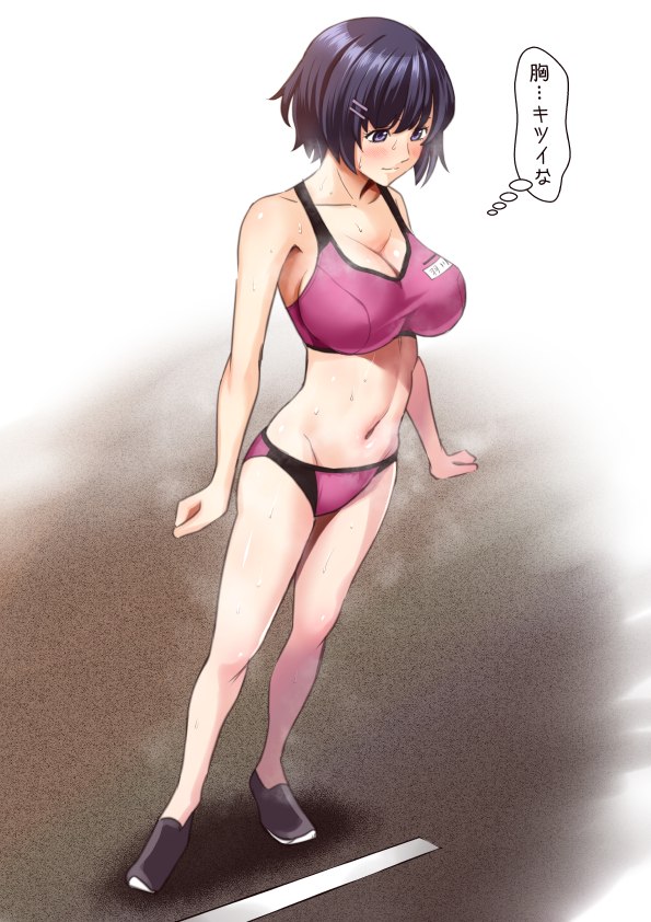 bakemonogatari black_hair blush bra breasts hanekawa_tsubasa itachou large_breasts monogatari_(series) panties pink_bra pink_panties short_hair sports_bikini sportswear underwear