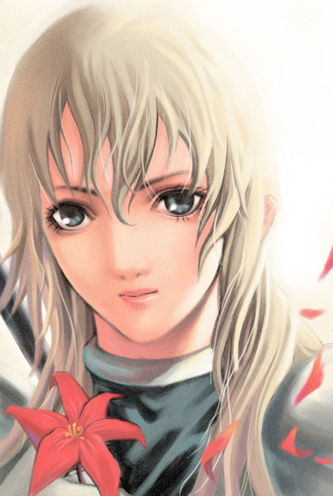 00s 1girl blonde_hair claymore_(series) closed_mouth collar female_focus flora_(claymore) flower grey_eyes holding holding_behind_back light_rays light_smile lips looking_at_viewer petals portrait red_flower sheath sheathed simple_background solo sword upper_body weapon white_background