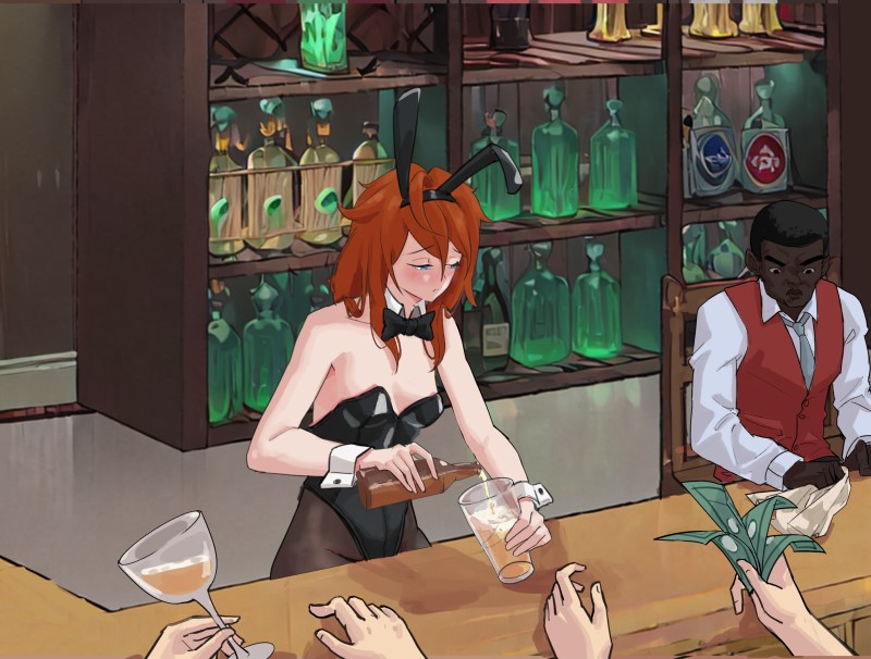 1boy 1girl alcohol bar bartender beer black_hair black_leotard blanca:_a_broke_girl_in_the_slums blanca_(blanca) blue_eyes booze breasts drink duskcraft embarrassed glass_cup leotard long_hair pantyhose rabbit_ears red_hair small_breasts strapless strapless_leotard