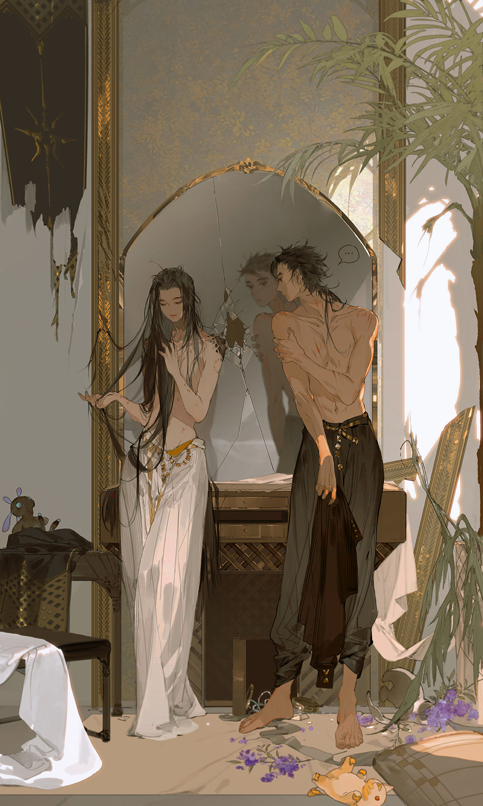 ... 2boys androgynous banner barefoot black_hair broken_mirror dark-skinned_male dark_skin flower full_body highres ibuki_satsuki indoors long_hair mirror multiple_boys original purple_flower scar scar_on_arm scar_on_chest scenery spoken_ellipsis topless_male torn very_long_hair