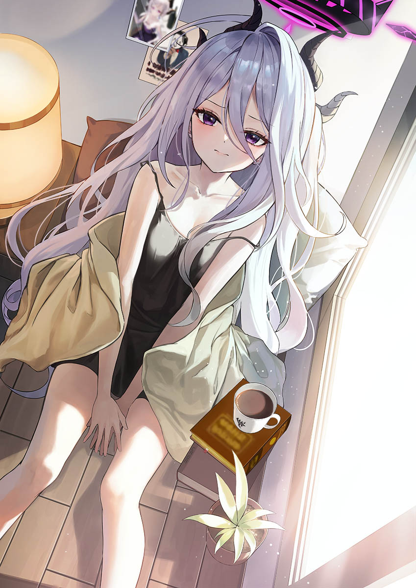 1boy 1girl between_legs black_nightgown blanket blue_archive book book_stack brown_pillow caba_(caba091) coffee coffee_mug cup demon_horns desk_lamp doodle_sensei_(blue_archive) hair_between_eyes hand_between_legs highres hina_(blue_archive) hina_(dress)_(blue_archive) horns lamp long_hair looking_at_viewer mug nightgown on_floor pillow plant potted_plant purple_eyes sensei_(blue_archive) sitting uncle_sam white_hair