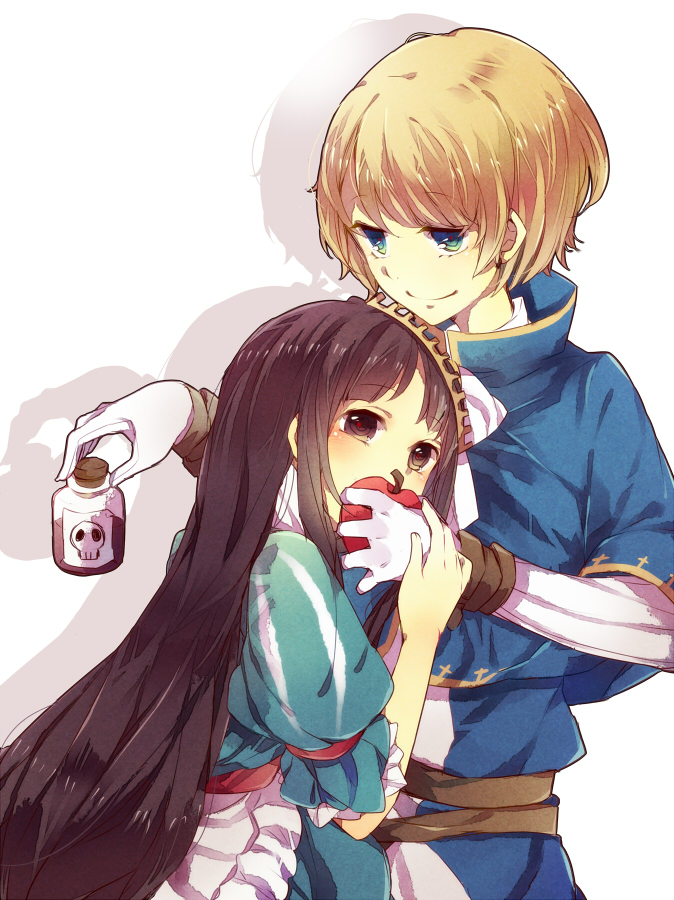 1boy 1girl apple biting black_eyes black_hair blonde_hair blue_eyes bottle cape couple crown dress eating food fruit gloves hetero holding holding_food holding_fruit long_hair maerchen_(sound_horizon) mugi_(twinbox) poison schneewittchen short_hair simple_background skull sound_horizon tettere white_gloves