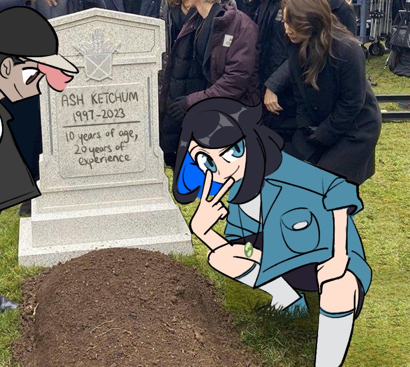 1boy 1girl ash_ketchum baseball_cap black_hair blue_eyes blue_footwear brown_eyes creatures_(company) diviously game_freak grant_gustin_next_to_oliver_queen&#039;s_grave_(meme) grass hat jewelry kneehighs liko_(pokemon) looking_at_viewer looking_down meme necklace nintendo photo_background pokemon pokemon_(anime) pokemon_horizons pokemon_horizons roy_(pokemon) smile socks squatting tombstone v