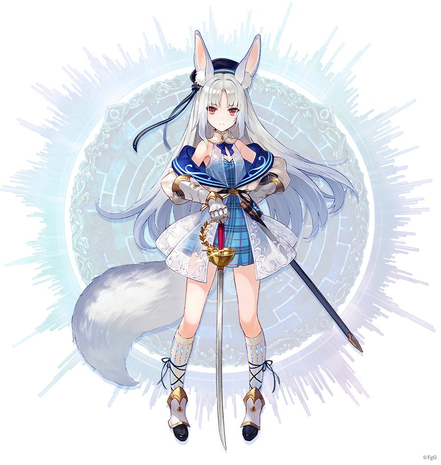 1girl animal_ears ayappe_taicho closed_mouth grey_hair hat holding holding_sword holding_weapon long_hair looking_at_viewer off_shoulder official_art rabbit_ears rabbit_girl red_eyes ribbon saber_(weapon) sharon_(ta_ga_tame_no_alchemist) sheath skirt socks solo standing sword ta_ga_tame_no_alchemist tail weapon white_footwear white_socks