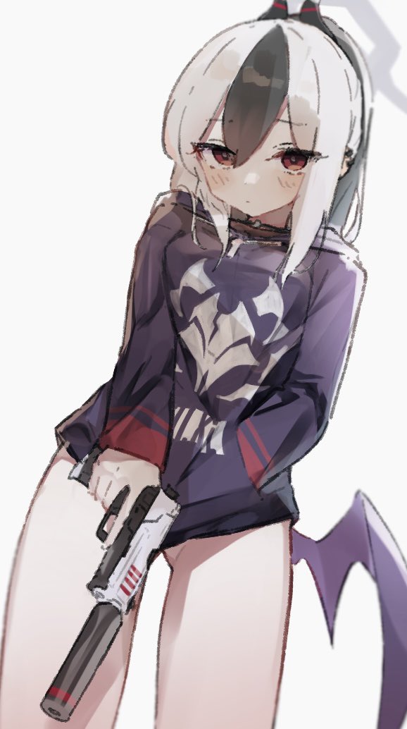 1girl black_hair blue_archive blush bottomless breasts closed_mouth clothes_writing earclip epi_zero gluteal_fold grey_background gun h&amp;k_p30 hair_between_eyes halo hand_in_pocket handgun holding holding_gun holding_weapon hood hoodie horns kayoko_(blue_archive) long_sleeves looking_at_viewer low_wings ponytail red_eyes simple_background single_wing sketch small_breasts solo weapon white_hair wings