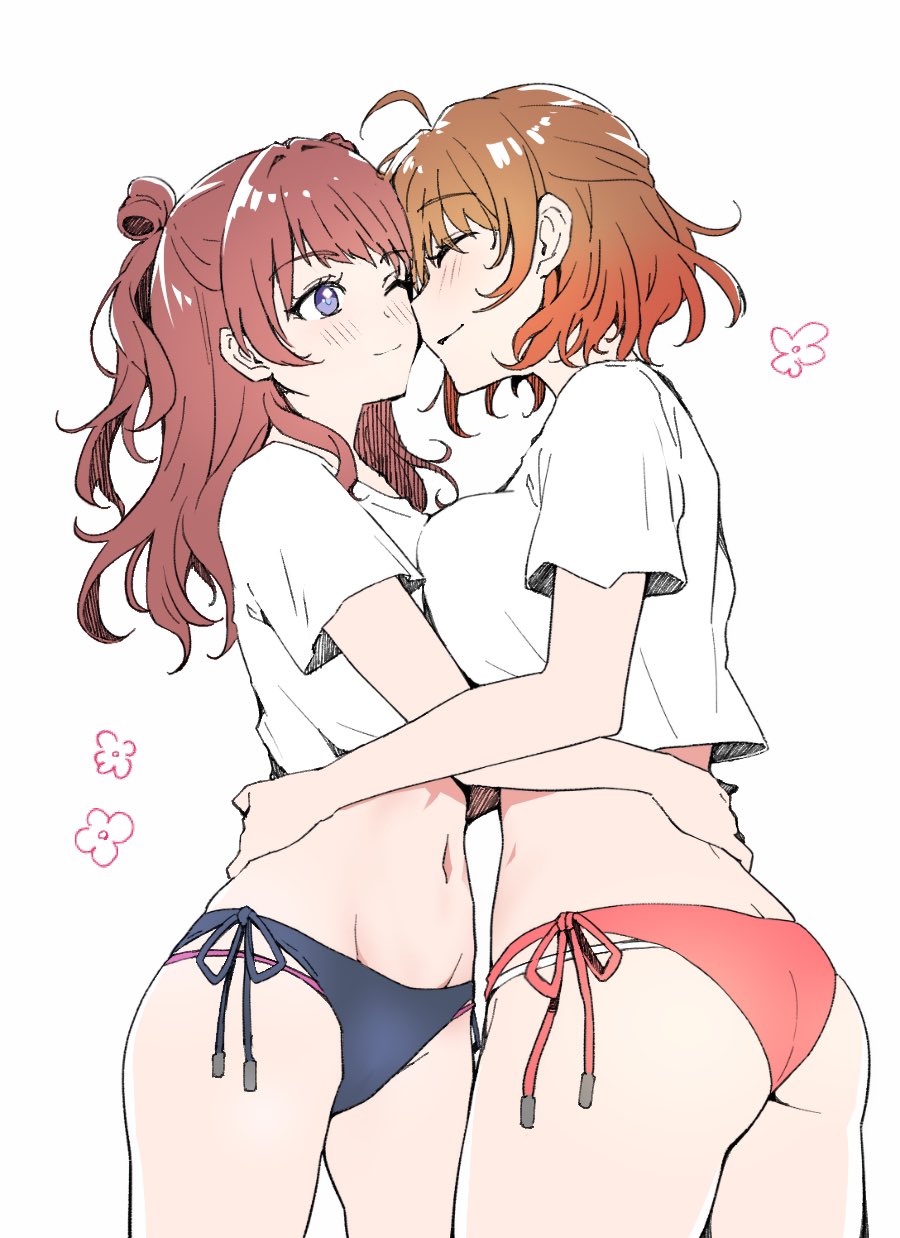 2girls ;) ^_^ ahoge ass asymmetrical_docking bikini blue_bikini breast_press breasts brown_hair butt_crack closed_eyes commentary_request gakuen_idolmaster groin hanami_saki hanami_ume hand_on_another&#039;s_waist highres idolmaster large_breasts long_hair multiple_girls navel one_eye_closed orico_(nicolai) red_bikini shirt short_sleeves siblings side-tie_bikini_bottom simple_background sisters smile stomach swimsuit white_background white_shirt