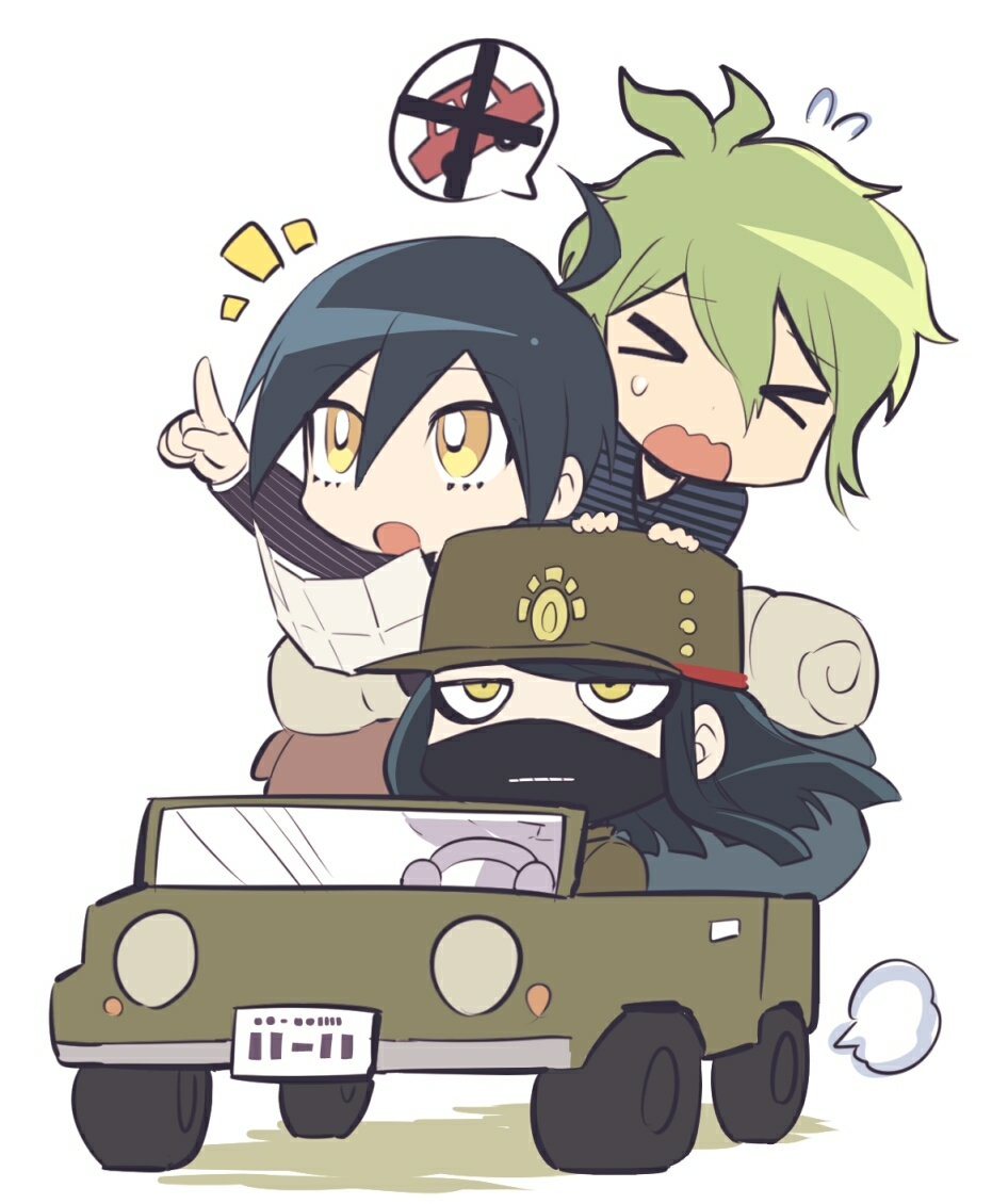 &gt;_&lt; 3boys ahoge amami_rantaro annoyed antenna_hair backpack bag black_hair black_jacket black_mask blue_shirt blunt_ends bright_pupils brown_bag brown_hat brown_jacket car chibi collared_jacket commentary_request covered_mouth danganronpa_(series) danganronpa_v3:_killing_harmony dot_nose driving floating_hair flying_sweatdrops gakuran green_hair hair_between_eyes hands_on_another&#039;s_head hat high_collar holding holding_map in_cart jacket jeep jewelry layered_sleeves license_plate long_hair long_sleeves looking_ahead male_focus map mask motor_vehicle mouth_mask multiple_boys nervous notice_lines open_mouth peaked_cap pendant pinstripe_jacket pinstripe_pattern pointing pointing_forward ribbon saihara_shuichi school_uniform shadow shinguji_korekiyo shirt short_hair sidelocks simple_background smoke spoken_object spoken_x straight_hair striped_clothes striped_shirt sweatdrop wavy_mouth white_background white_pupils wind yellow_ribbon yuuma_(yuma1111) zipper