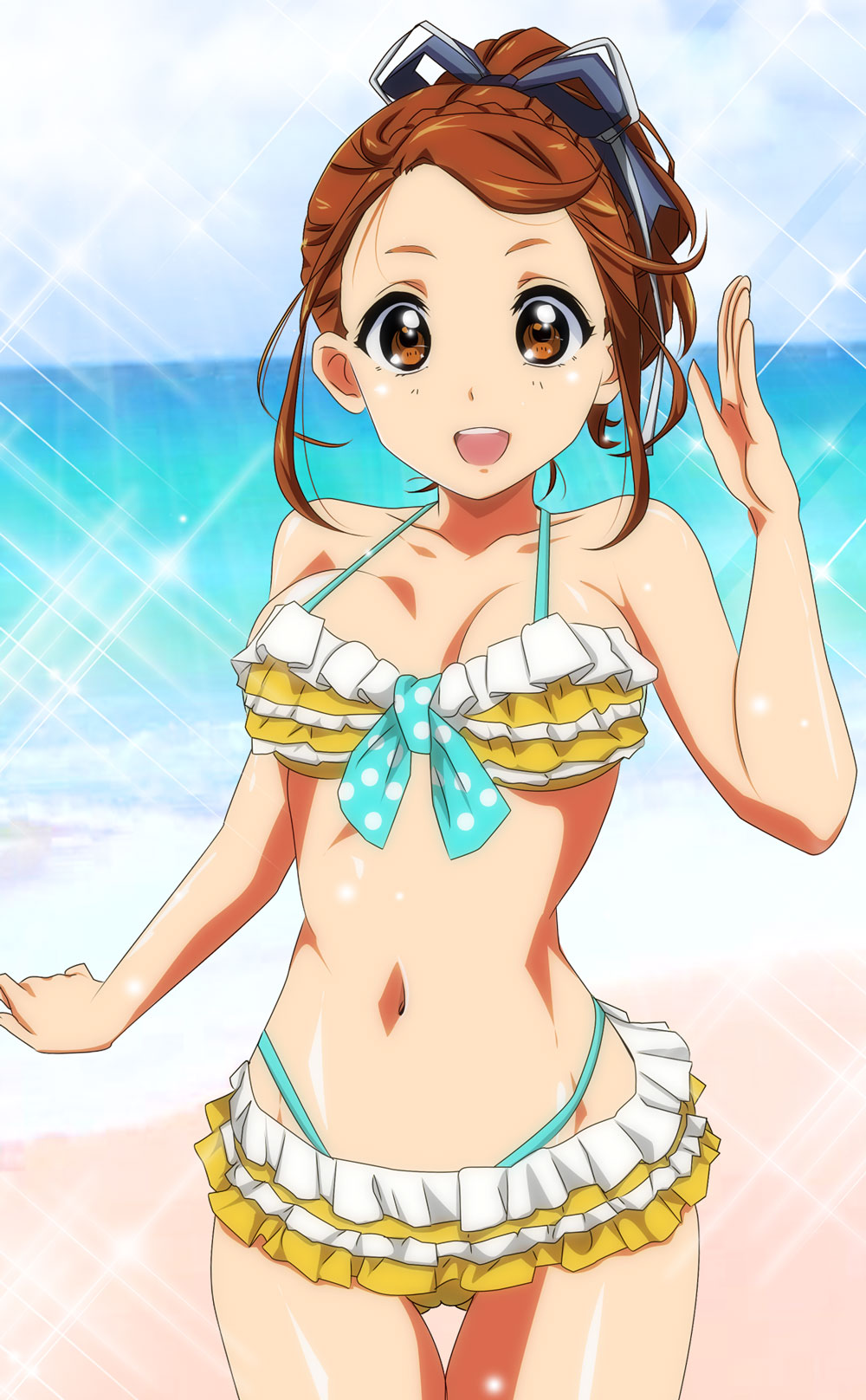 1girl 22/7 beach bikini bow braid brown_eyes brown_hair collarbone cowboy_shot frilled_bikini frills gentoku hair_bow hair_ribbon hand_up high_ponytail highres kono_miyako looking_at_viewer navel ocean open_mouth outdoors ribbon smile solo sparkle standing swimsuit teeth upper_teeth_only