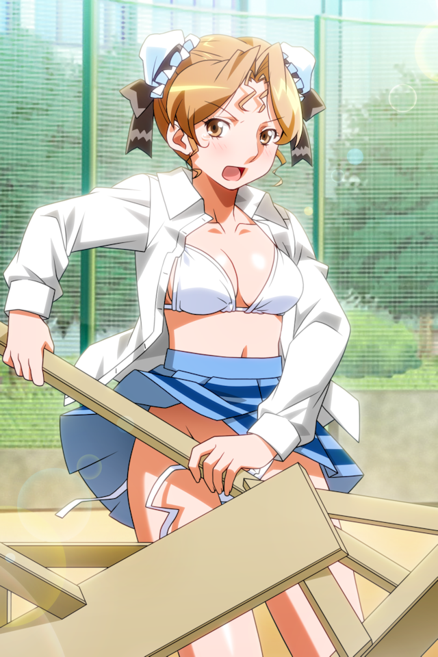 1girl bikini blue_skirt blush breasts brown_eyes brown_hair bun_cover collared_shirt cowboy_shot double_bun easel hair_bun hayasaka_akira long_sleeves looking_at_viewer medium_breasts miniskirt non-web_source official_art open_mouth outdoors photoshop_(medium) pleated_skirt shirt short_hair skirt solo standing striped_clothes striped_skirt super_real_mahjong swimsuit tanaka_ryou unbuttoned unbuttoned_shirt untied_bikini wardrobe_malfunction white_bikini white_shirt