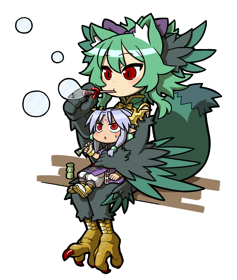 1girl 1other animal_ears animal_feet bird_legs blowing_bubbles bubble character_request claws feathered_wings full_body green_hair green_wings harpy horns long_hair monster_girl morgan_(shinrabanshou) multiple_girls pointy_ears purple_hair red_eyes shinrabanshou simple_background sitting sitting_on_lap sitting_on_person slit_pupils tail ume_(noraneko) white_background winged_arms wings