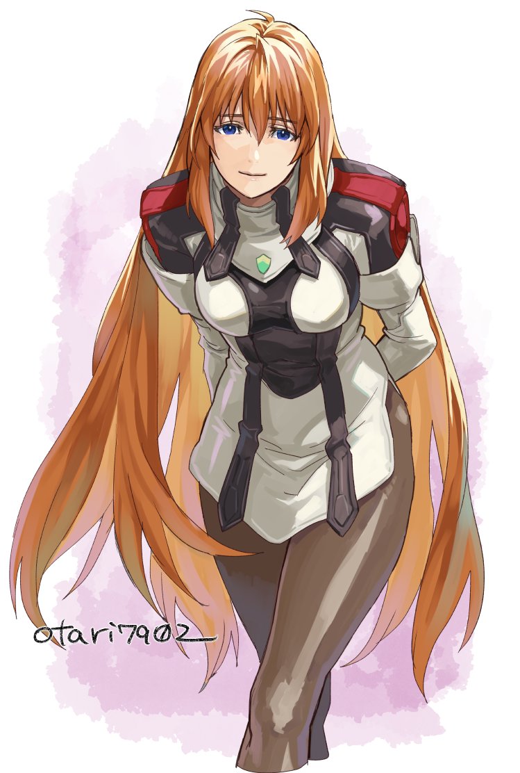 1girl arms_behind_back black_pantyhose blue_eyes bodysuit breasts chest_jewel closed_mouth commentary_request elhaym_van_houten indesign long_hair multicolored_bodysuit multicolored_clothes orange_hair pantyhose sidelocks simple_background smile solo twitter_username uniform very_long_hair xenogears