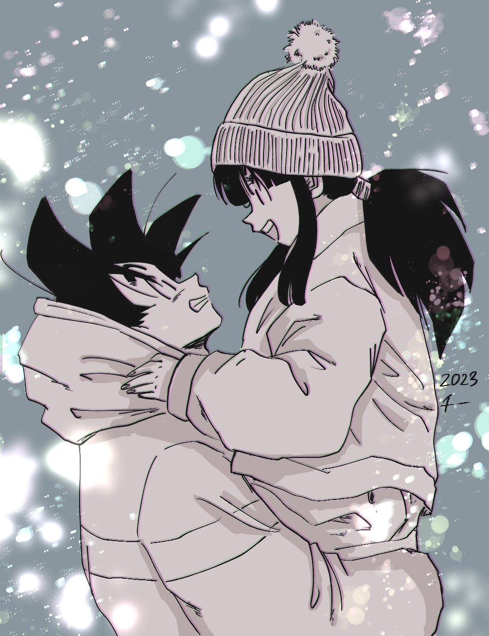 1boy 1girl beanie black_eyes black_hair blunt_bangs blurry bokeh carrying carrying_person chi-chi_(dragon_ball) chi_(cmon_57) clenched_teeth couple depth_of_field double-parted_bangs dragon_ball dragonball_z eye_contact eyelashes face-to-face fingernails from_side grey_background greyscale grin hat hetero highres hood hood_up hooded_jacket horizontal-striped_jacket husband_and_wife jacket light_particles looking_at_another monochrome motion_blur parted_bangs pom_pom_(clothes) pom_pom_beanie ponytail profile sidelocks simple_background smile snow snowing son_goku spiked_hair striped_clothes striped_jacket teeth upper_teeth_only winter winter_clothes