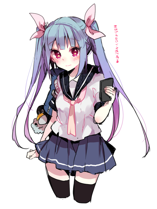 10s 1girl alternate_costume bad_id bad_pixiv_id bag black_thighhighs blue_hair blush failure_penguin hair_ribbon i-19_(kancolle) ikeuchi_tanuma kantai_collection looking_at_viewer miss_cloud pleated_skirt red_eyes ribbon school_uniform serafuku short_sleeves simple_background skirt smile star-shaped_pupils star_(symbol) symbol-shaped_pupils thighhighs translation_request tri_tails twintails white_background zettai_ryouiki