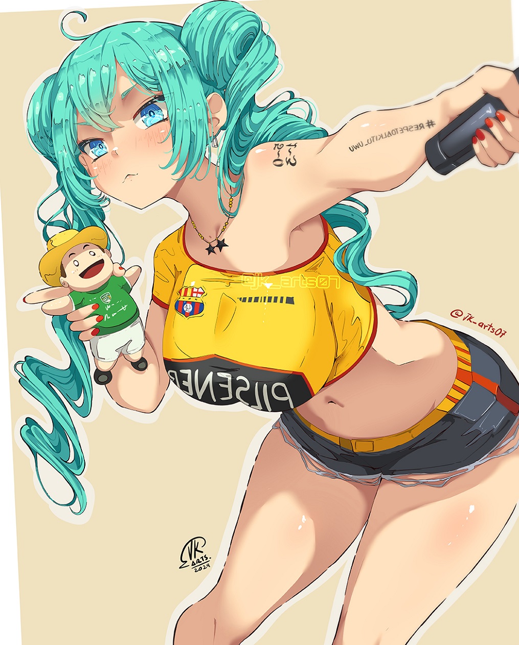 1girl aqua_eyes aqua_hair arm_tattoo black_shorts breasts closed_mouth crop_top doll drill_hair earrings hatsune_miku highres holding holding_doll holding_microphone jersey jewelry jk_arts large_breasts long_hair micro_shorts microphone navel necklace shirt shorts single_sleeve solo tattoo twin_drills vocaloid worldwide_miku yellow_shirt