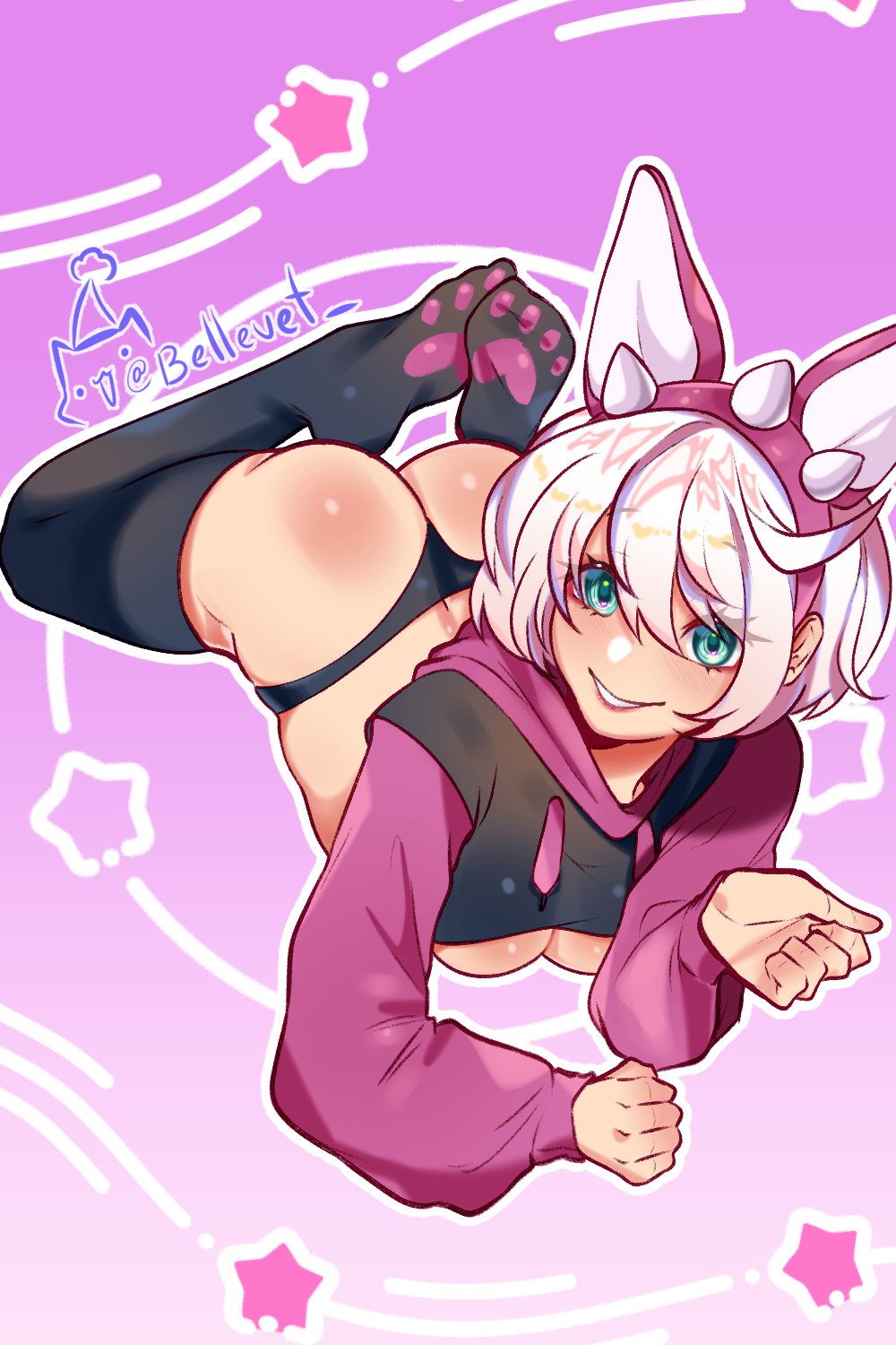 1girl ahoge artist_name ass bellevet blush breasts butt_crack elphelt_valentine green_eyes guilty_gear guilty_gear_strive guilty_gear_xrd:_revelator hairband highres hood hoodie large_breasts looking_at_viewer lying on_stomach short_hair smile solo thighhighs thong white_hair