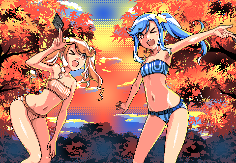 16bit_sensation 2girls arm_up autumn_leaves bikini blue_bikini blue_hair chipushishi commentary_request dusk hair_ornament hand_on_own_knee koyama_kikiko koyama_rarako lowres multiple_girls one_eye_closed open_mouth orange_bikini orange_eyes orange_hair orange_sky pc-98_(style) pc98 pixel_art side_ponytail sidelocks sky star_(symbol) star_hair_ornament striped_bikini striped_clothes swept_bangs swimsuit tree twintails wavy_ends