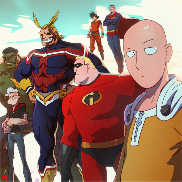 all_might bald black_hair black_shirt blonde_hair blue_bodysuit bodysuit boku_no_hero_academia boots cape cape_clasp clenched_teeth colored_skin coran_stone crossed_arms crossover dc_comics denim dragon_ball dragonball_z eye_mask floating green_hair green_skin hands_on_own_hips hat hulk jeans marvel medium_hair mr._incredible one-punch_man orange_dougi pants popeye popeye_the_sailor red_bodysuit red_boots red_cape sailor_hat saitama_(one-punch_man) shirt short_hair short_sleeves smoking_pipe son_goku spinach superman superman_(series) teeth the_incredibles white_cape yellow_bodysuit zipper