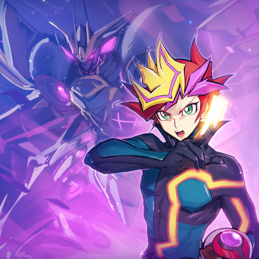 1boy 1other accesscode_talker blonde_hair bodysuit card dual_disk fujiki_yusaku green_eyes male_focus melon22 pink_hair playmaker_(yu-gi-oh!) red_hair yu-gi-oh! yu-gi-oh!_vrains