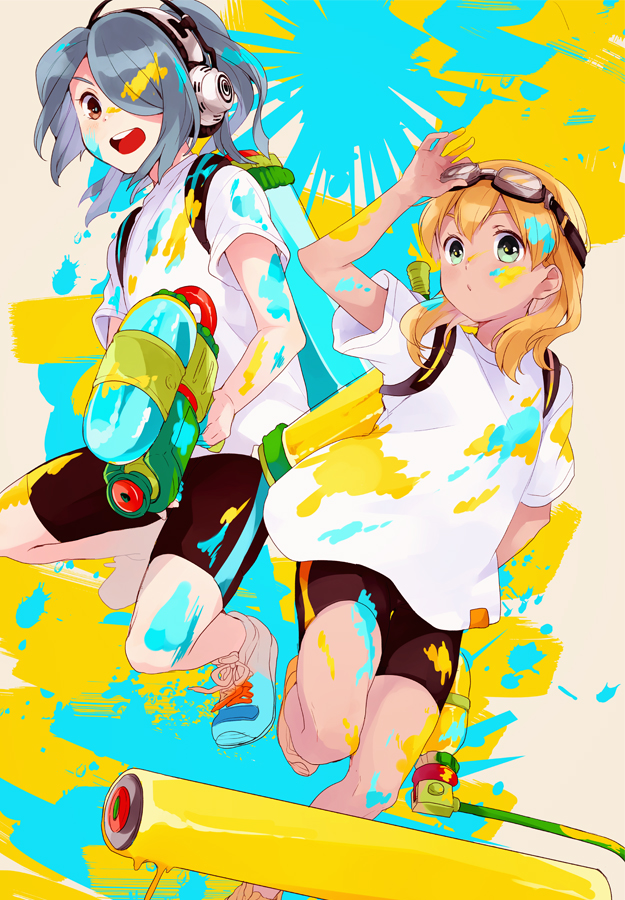 2boys bad_id bad_pixiv_id bike_shorts blonde_hair blue_hair brown_eyes goggles goggles_on_head green_eyes hair_over_one_eye headphones inazuma_eleven inazuma_eleven_(series) ink_tank_(splatoon) kazemaru_ichirouta long_hair male_focus miyasaka_ryou multiple_boys nintendo open_mouth paint paint_splatter simple_background smile splat_roller_(splatoon) splatoon_(series) splatoon_1 splattershot_(splatoon) tomo_(sjim)