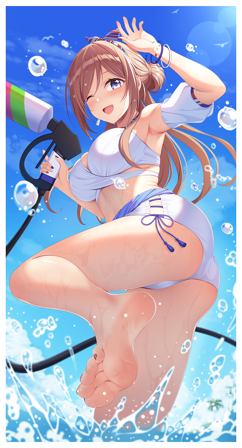 1girl armpits ass bare_arms bare_legs bare_shoulders barefoot bikini blue_eyes breasts brown_hair dasoey feet gakuen_idolmaster hair_bun highres himesaki_rinami idolmaster long_hair looking_at_viewer one_eye_closed open_mouth soles swimsuit underwear water wet white_bikini