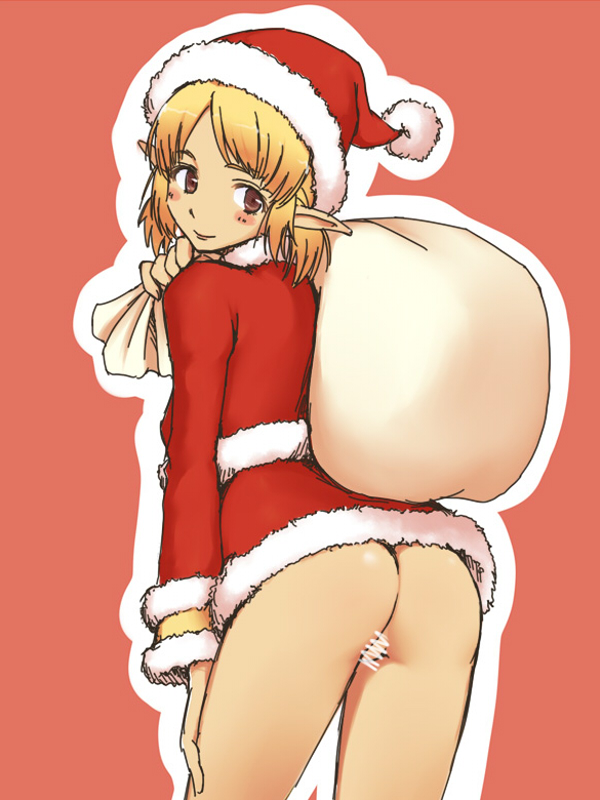 1girl ass blonde_hair brown_eyes censored dress elf female_focus fur_trim hat looking_at_viewer looking_back no_panties outline pointy_ears pussy sack santa_costume santa_hat shiriana short_dress solo