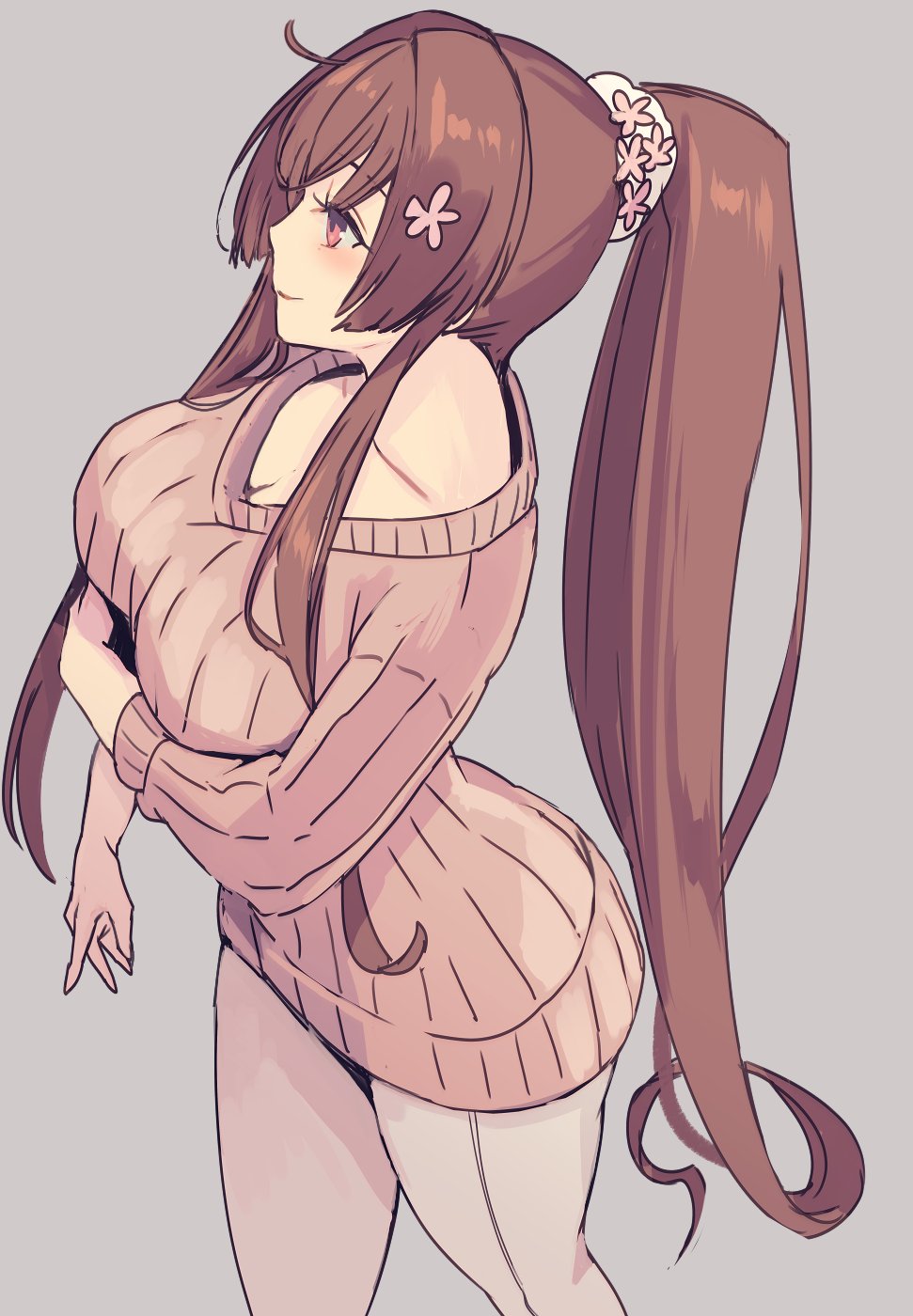 1girl arm_under_breasts blush breasts brown_hair commentary_request flower grey_background hair_flower hair_ornament highres kantai_collection kasumi_(skchkko) large_breasts long_hair long_sleeves pants pink_eyes ponytail ribbed_sweater simple_background solo sweater very_long_hair white_pants yamato_(kancolle)