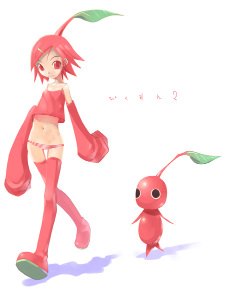 1girl bad_id camisole closed_mouth commentary_request copyright_name creature_and_personification detached_sleeves hair_ornament hairclip kei_(keigarou) leaf long_sleeves lowleg lowleg_panties micro_panties navel nintendo panties personification pikmin_(creature) pikmin_(series) red_camisole red_eyes red_hair red_pikmin red_sleeves red_thighhighs shadow short_hair simple_background sleeves_past_fingers sleeves_past_wrists striped_clothes striped_panties thighhighs underwear walking white_background