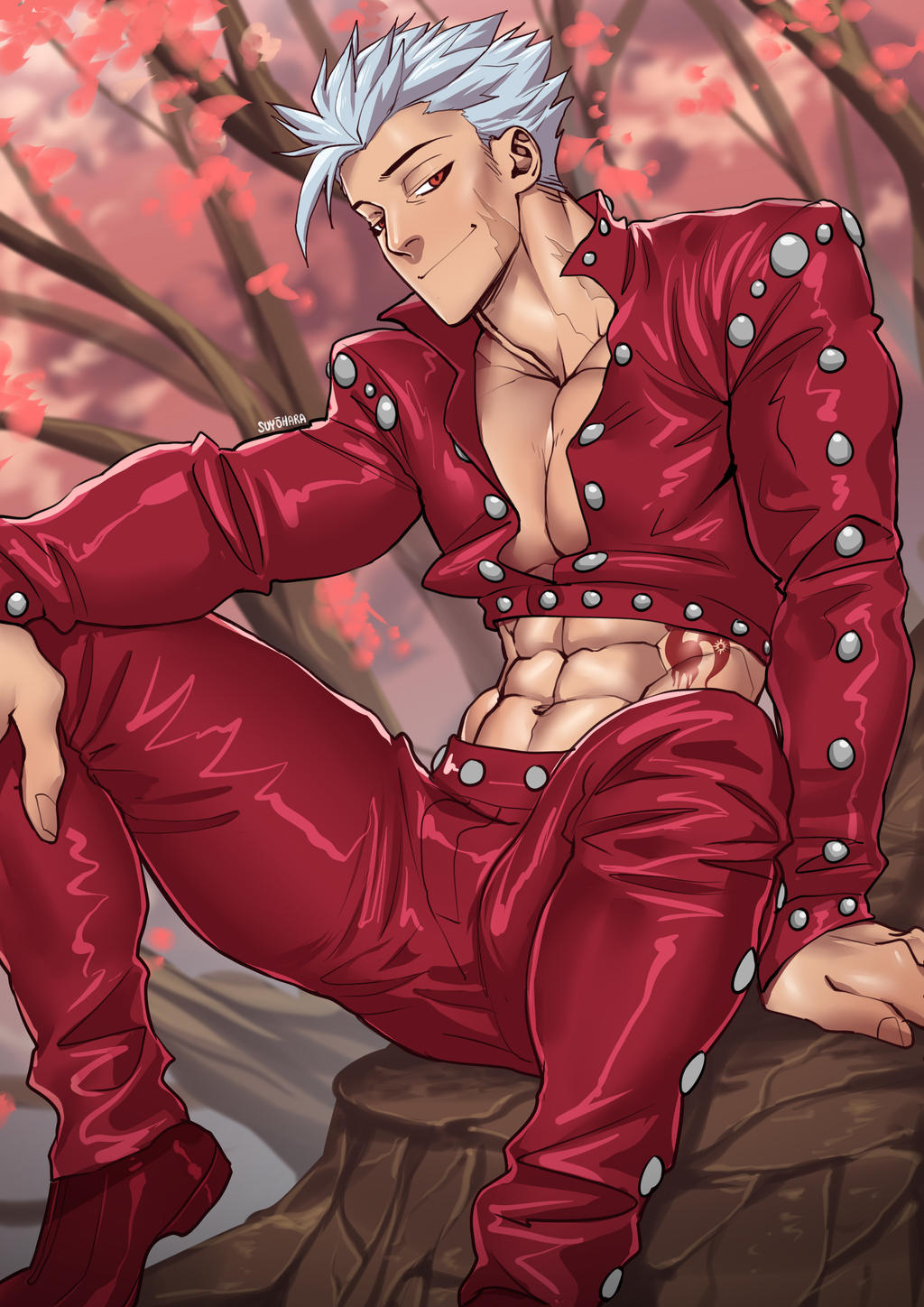 1boy abs ban_(nanatsu_no_taizai) highres looking_at_viewer male_focus muscular muscular_arms muscular_male nanatsu_no_taizai pants pectorals red_eyes red_pants red_shirt scar shirt short_hair smile solo tattoo white_hair