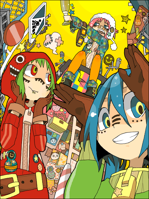 3girls aqua_hair bandaid bandaid_on_face bandaid_on_nose baseball_bat belt colorful creator_connection gloves goggles green_eyes green_hair gumi hatsune_miku higashi_(azm) hood hoodie matryoshka_(vocaloid) multicolored_eyes multiple_girls orange_pantyhose panda_hero_(vocaloid) pantyhose pink_hair red_eyes short_hair songover tegaki vocaloid yellow_eyes