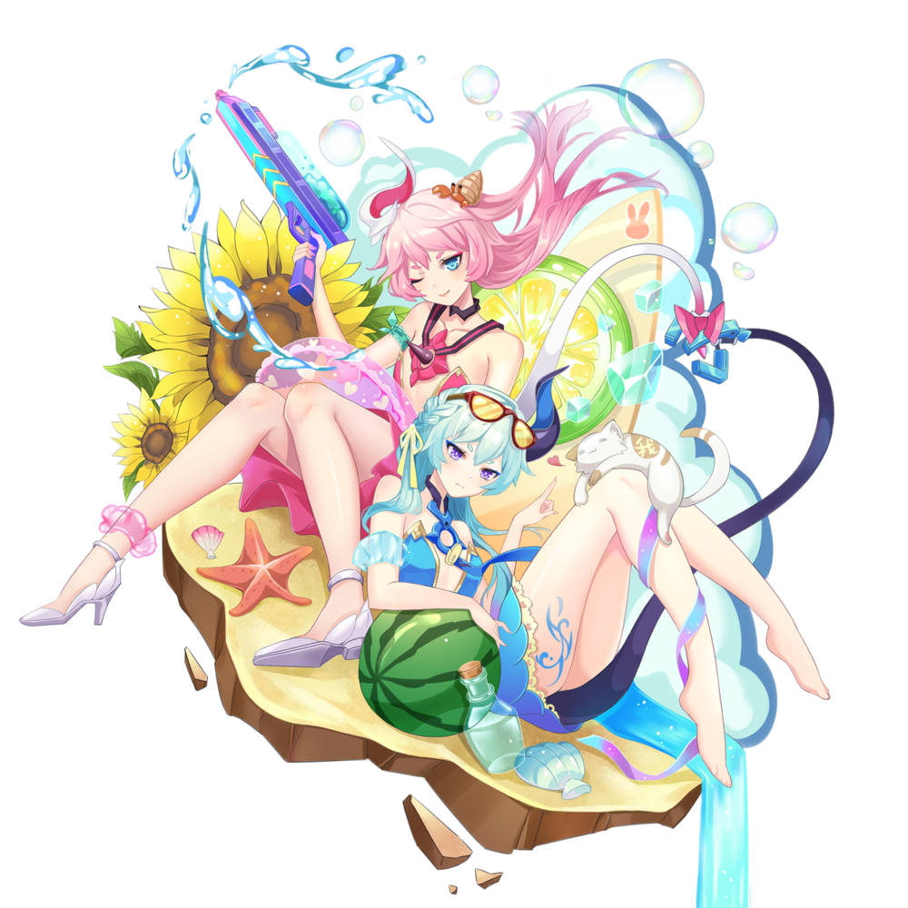 2girls anklet armlet barefoot blue_eyes blue_hair cat closed_mouth flower food fruit high_heels holding holding_water_gun honkai_(series) honkai_impact_3rd horns jewelry lemon lemon_slice lifebuoy liliya_olenyeva long_hair looking_at_viewer multiple_girls necklace one_eye_closed pink_hair pointing_at_object purple_eyes rozaliya_olenyeva seashell shell siblings single_horn skirt smile snail soap_bubbles starfish sunflower surfboard swim_ring swimsuit tail transparent_background twins water_gun watermelon