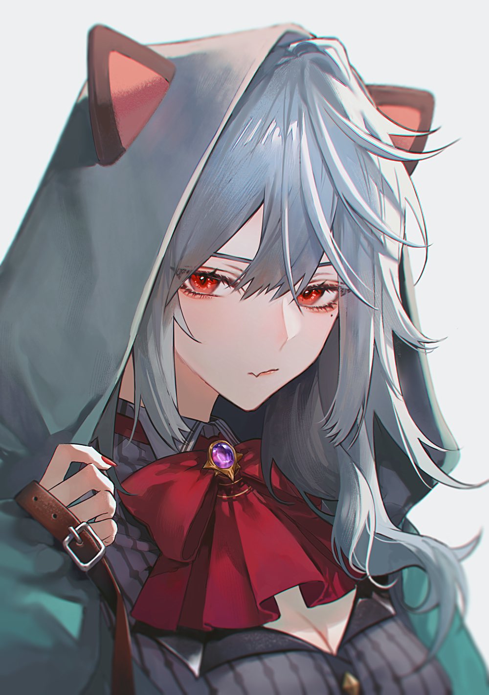 1girl animal_ear_hood animal_hood blurry breasts cleavage closed_mouth fake_animal_ears fang fingernails genderswap genderswap_(mtf) grey_background grey_hair grey_shirt hand_up highres hood kaicggo kuzuha_(nijisanji) light_blush looking_at_viewer mole mole_under_eye nail_polish neck_ribbon nijisanji pulling_own_clothes red_eyes red_nails red_ribbon ribbon sanya_(kuzuha) shirt skin_fang solo striped_clothes striped_shirt upper_body vertical-striped_clothes vertical-striped_shirt virtual_youtuber