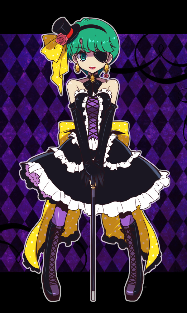 1980s_(style) 1girl alternate_costume argyle_background argyle_clothes bare_shoulders black_dress black_gloves blue_eyes boots bow cane choker cross-laced_footwear dress earrings elbow_gloves eyepatch female_focus flower frills gloves gothic_lolita green_eyes green_hair hairband hat jewelry katsuma_rei kazuki_mai lace-up_boots lolita_fashion magical_emi mahou_no_star_magical_emi matching_hair/eyes oldschool pantyhose pink_flower pink_rose purple_background purple_pantyhose retro_artstyle ribbon rose short_hair smile solo top_hat