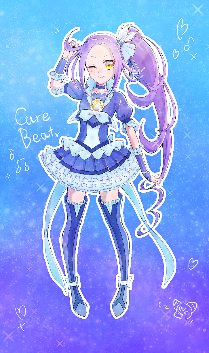 1girl ;) arm_up blue_background blue_choker blue_footwear blue_jacket blue_skirt boots character_name choker collarbone cure_beat full_body gradient_background hair_intakes hair_ornament heart heart_hair_ornament highres jacket layered_skirt long_hair looking_at_viewer miniskirt one_eye_closed outline precure purple_background purple_hair short_sleeves side_ponytail skirt smile solo standing suite_precure thigh_boots thighhighs usiusi_nanas very_long_hair yellow_eyes zettai_ryouiki