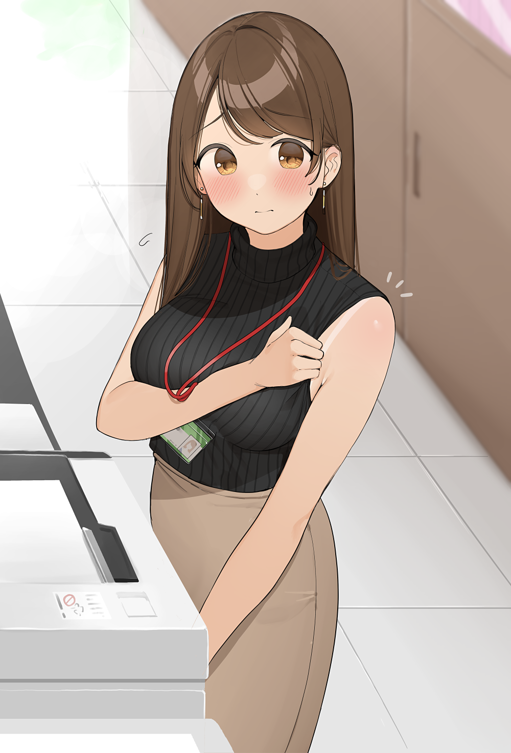 1girl adjusting_clothes armpit_crease bare_shoulders black_sweater blush breasts brown_eyes brown_hair brown_skirt closed_mouth commentary_request dot_nose earrings gradient_eyes highres id_card indoors jewelry large_breasts long_hair looking_at_viewer multicolored_eyes office office_lady ol-chan_(ol_mahonanoka) ol_mahonanoka original printer ribbed_sweater skirt sleeveless sleeveless_sweater sleeveless_turtleneck solo sweat sweater swept_bangs tan tanline turtleneck turtleneck_sweater yellow_eyes