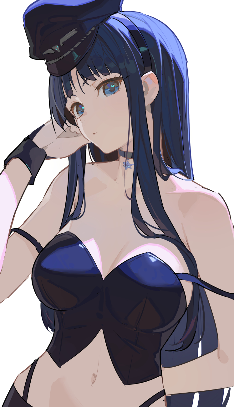 1girl arm_behind_back bare_arms bare_shoulders black_choker black_shirt blue_eyes blue_hair blue_hat breasts choker cleavage closed_mouth crop_top expressionless hairband hand_up hat highleg highres large_breasts long_hair looking_at_viewer midriff navel panty_straps peaked_cap police_hat shirt sidelocks simple_background sleeveless sleeveless_shirt solo spaghetti_strap stomach strap_slip timbougami touma_kazusa upper_body very_long_hair white_album_(series) white_album_2 white_background wrist_cuffs