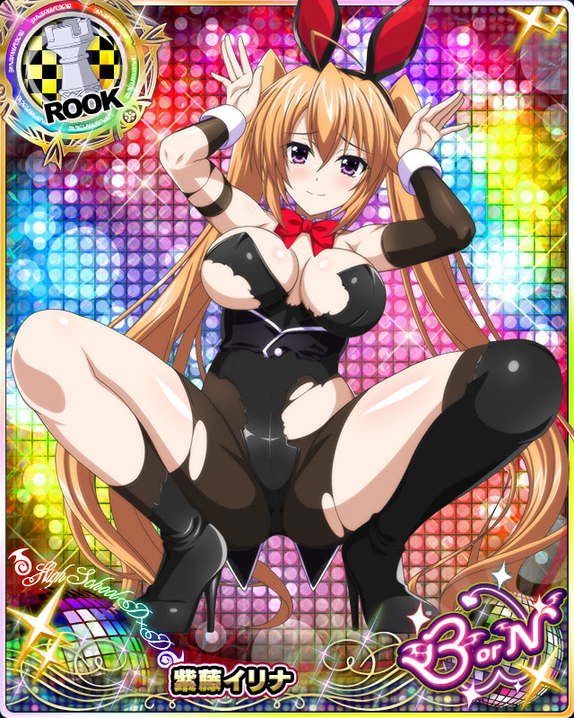 1girl ahoge animal_ears boots bow bowtie breasts card_(medium) chess_piece copyright_name detached_collar detached_sleeves fake_animal_ears hair_between_eyes high_heel_boots high_heels high_school_dxd high_school_dxd_born large_breasts leotard long_hair looking_at_viewer official_art pantyhose playboy_bunny purple_eyes rabbit_ears rabbit_pose rook_(chess) shidou_irina smile solo squatting strapless strapless_leotard thigh_boots torn_clothes twintails very_long_hair