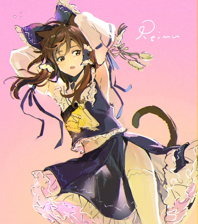 1girl alternate_color animal_ears ascot blue_bow blue_skirt bow brown_eyes brown_hair cat_ears cat_tail cat_teaser character_name commentary detached_sleeves english_commentary english_text frilled_bow frilled_hair_tubes frills gradient_background hair_bow hair_tubes hakurei_reimu kemonomimi_mode long_hair looking_at_viewer open_mouth ribbon-trimmed_sleeves ribbon_trim side_slit skirt skirt_set solo tail thighhighs touhou vanilla_(miotanntann) white_thighhighs