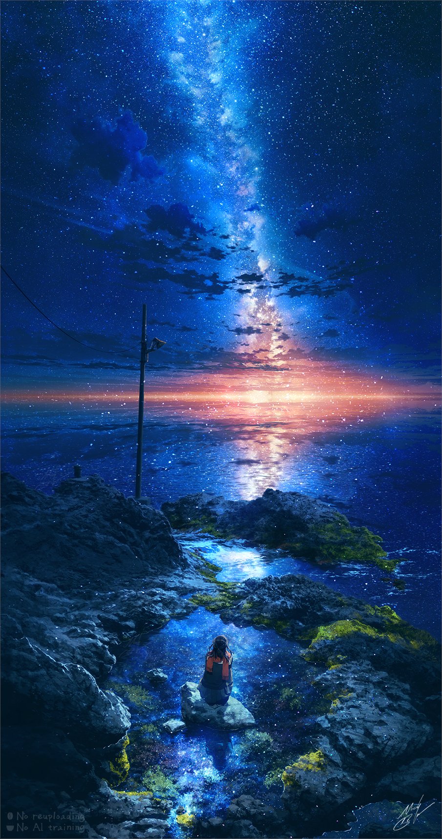 1girl cloud cloudy_sky commentary_request highres horizon milky_way mocha_(cotton) moss night night_sky original power_lines reflection scenery signature sky solo star_(sky) starry_sky utility_pole water watermark