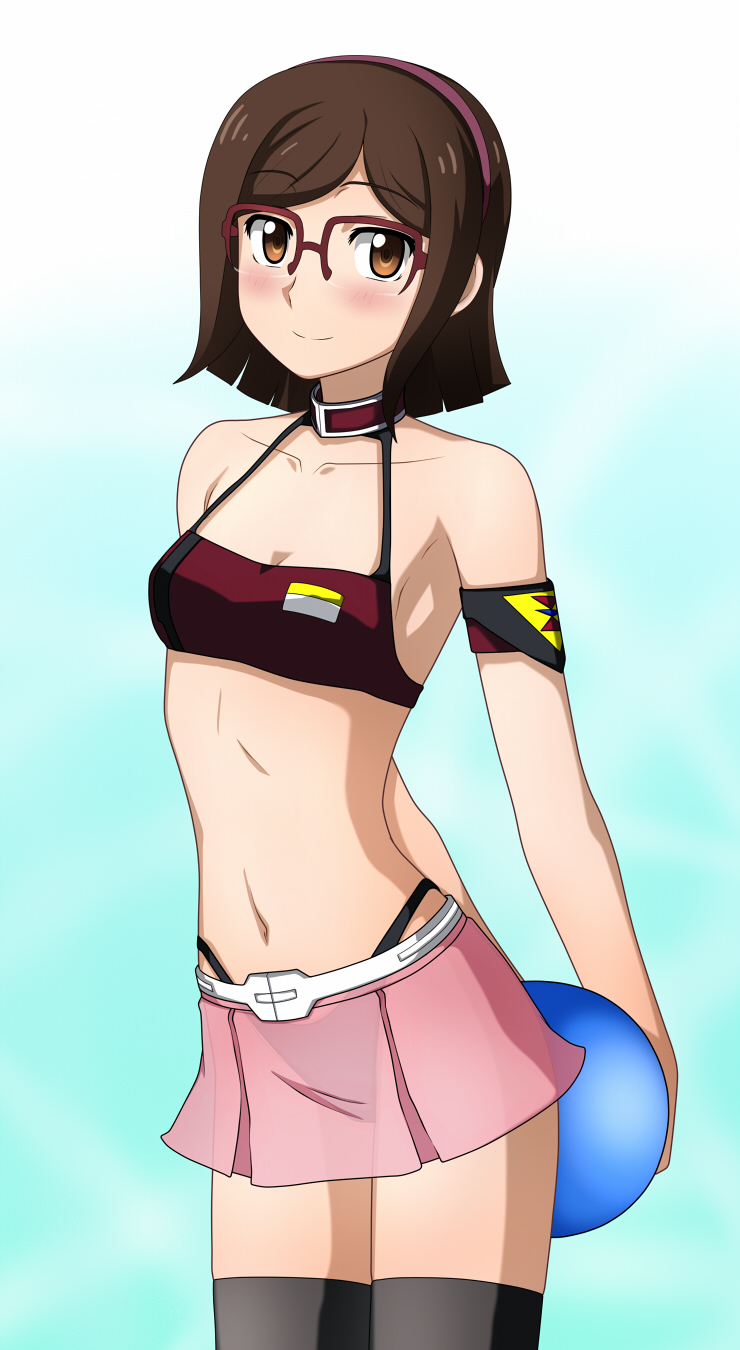 00s 1girl armband bare_shoulders blush bra breasts brown_eyes brown_hair cosplay female_focus glasses gundam gundam_build_fighters gundam_seed gundam_seed_destiny hairband highleg highres kenken kousaka_china looking_at_viewer lunamaria_hawke lunamaria_hawke_(cosplay) midriff navel over-rim_eyewear panties red-framed_eyewear see-through_clothes semi-rimless_eyewear short_hair skirt small_breasts smile solo thighhighs underwear