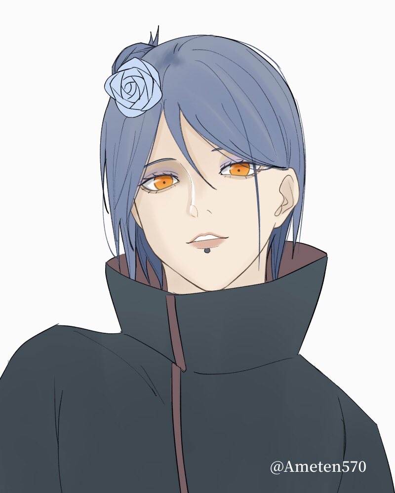 1girl artist_name black_jacket blue_flower blue_hair flower grey_background hair_behind_ear hair_between_eyes hair_bun hair_flower hair_ornament jacket konan_(naruto) koten_(ameten570) naruto_(series) naruto_shippuuden orange_eyes parted_lips short_hair simple_background single_hair_bun solo teeth