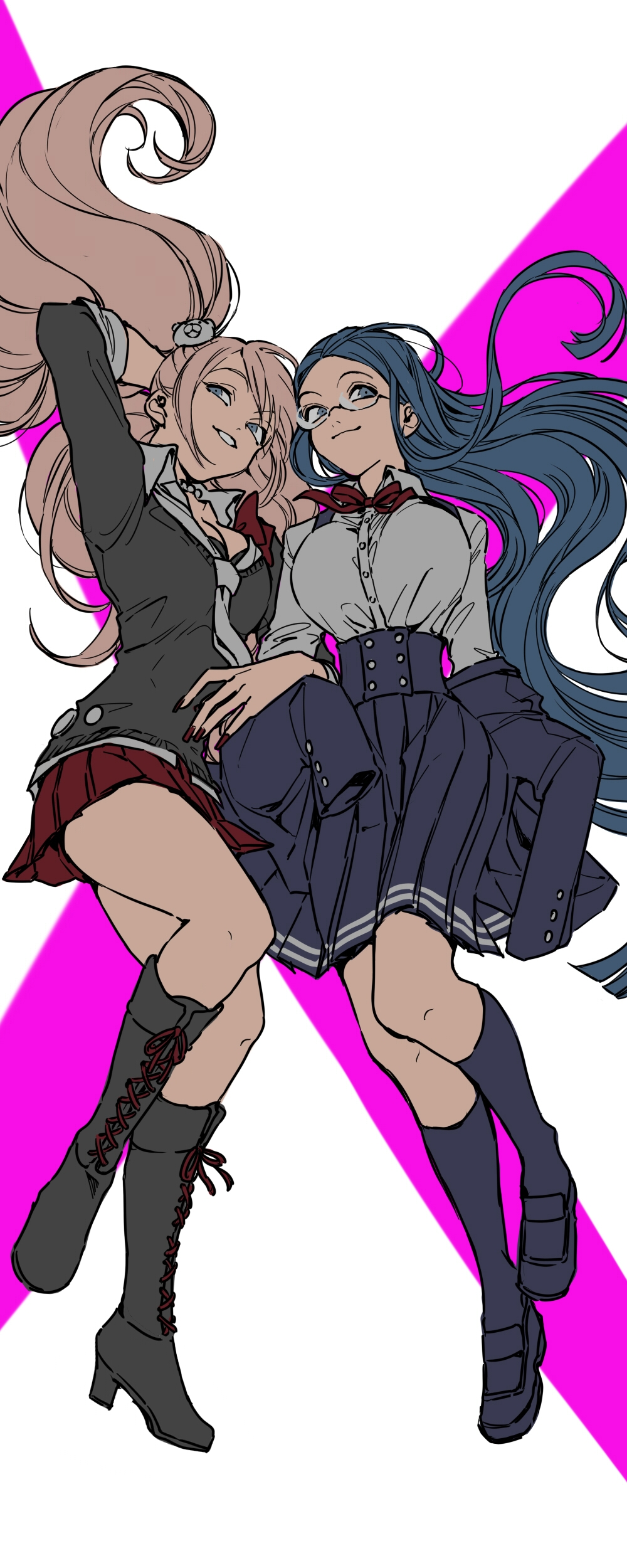 2girls absurdres arm_behind_head bear_hair_ornament black_bra black_footwear black_jacket blazer blonde_hair blue_corset blue_eyes blue_hair blue_jacket blue_skirt blue_socks blunt_ends boots bra breasts buttons cleavage closed_mouth collared_shirt commentary corset cross-laced_footwear danganronpa_(series) danganronpa_v3:_killing_harmony dot_nose dress_shirt enoshima_junko eyelashes footwear_ribbon forehead full_body glasses grey_footwear hair_ornament hair_spread_out hand_in_own_hair high_heel_boots high_heels highres jacket jacket_partially_removed knee_boots kneehighs knees lace-up_boots large_breasts layered_sleeves locked_arms long_hair long_sleeves looking_at_viewer lying medium_skirt microskirt multiple_girls on_back open_mouth pleated_skirt red_ribbon red_skirt ribbon round_eyewear shirogane_tsumugi shirt shoes skirt sleeves_past_elbows smile socks spoilers teeth twintails underwear usukuchi_(hagi) uwabaki very_long_hair wavy_hair white_background white_shirt