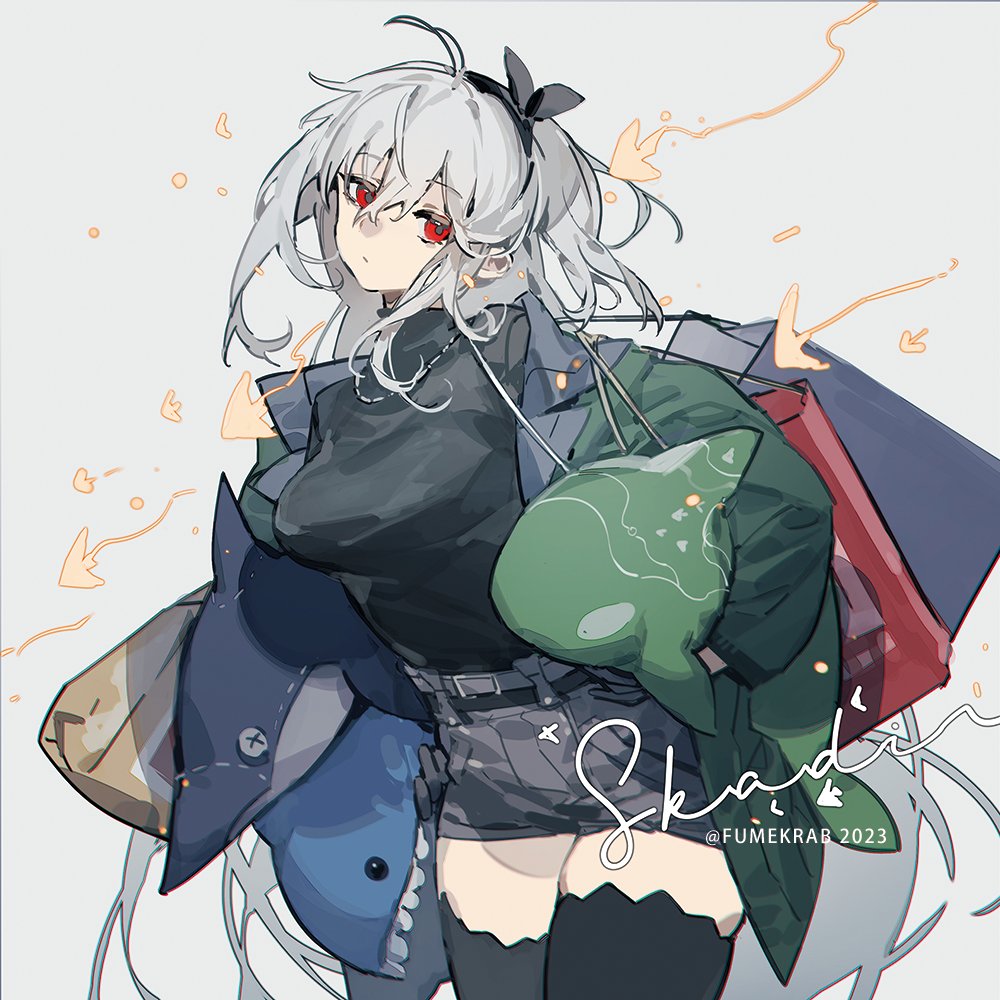 1girl ahoge arknights artist_name black_bow black_hairband black_sweater black_thighhighs bow bow_hairband breasts character_name commentary dated fish green_jacket grey_background grey_shorts hairband jacket jewelry krab_(fumekrab) looking_at_viewer medium_breasts necklace one_side_up red_eyes shorts skadi_(arknights) skadi_(the_next_afternoon_tea)_(arknights) skindentation solo stuffed_animal stuffed_fish stuffed_orca stuffed_shark stuffed_toy sweater thighhighs white_hair