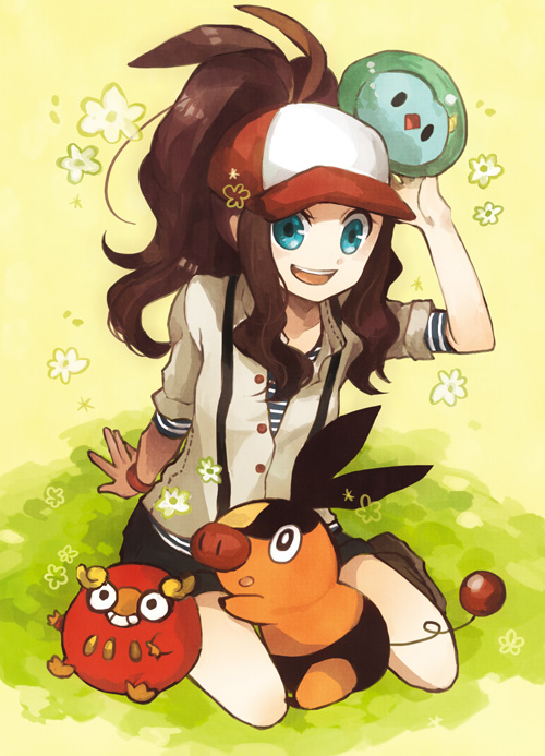 10s alternate_costume baseball_cap blue_eyes brown_hair buzz_(moi) creatures_(company) darumaka flower game_freak gen_5_pokemon hat hilda_(pokemon) nintendo pokemon pokemon_(creature) pokemon_bw sitting solosis tepig vest