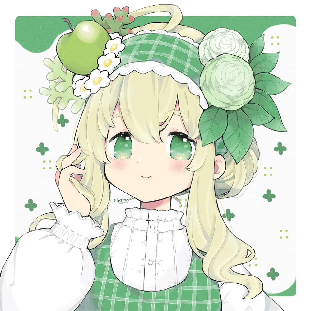 1girl ahoge blonde_hair blush closed_mouth dress flower food fruit green_eyes green_hairband hair_bun hair_flower hair_ornament hairband hand_up long_sleeves looking_at_viewer original plaid puffy_long_sleeves puffy_sleeves shamo3 shirt signature smile solo upper_body white_flower white_shirt