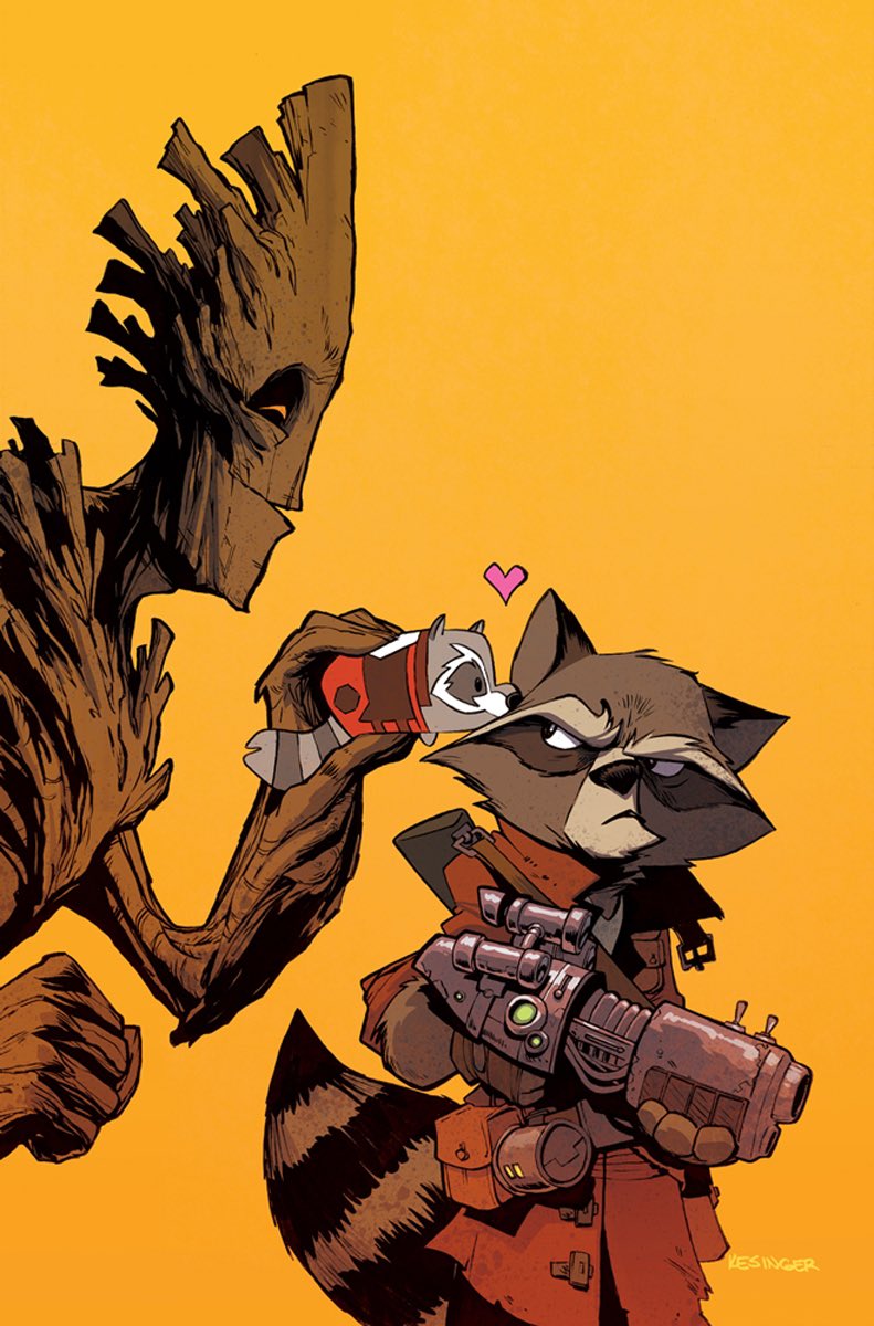 2boys animal_ears artist_name brian_kesinger closed_mouth commentary disney disney_tsum-tsum english_commentary furry furry_male groot gun heart highres holding holding_gun holding_weapon looking_at_another male_focus marvel multiple_boys orange_background profile raccoon_boy raccoon_ears raccoon_tail rocket_raccoon smile tail tsum-tsum weapon